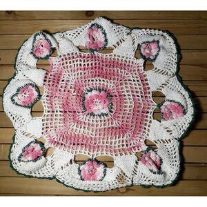 VTG Estate Large Size 15" Round Doily Hand Crochet Doily Table Pink Flowers